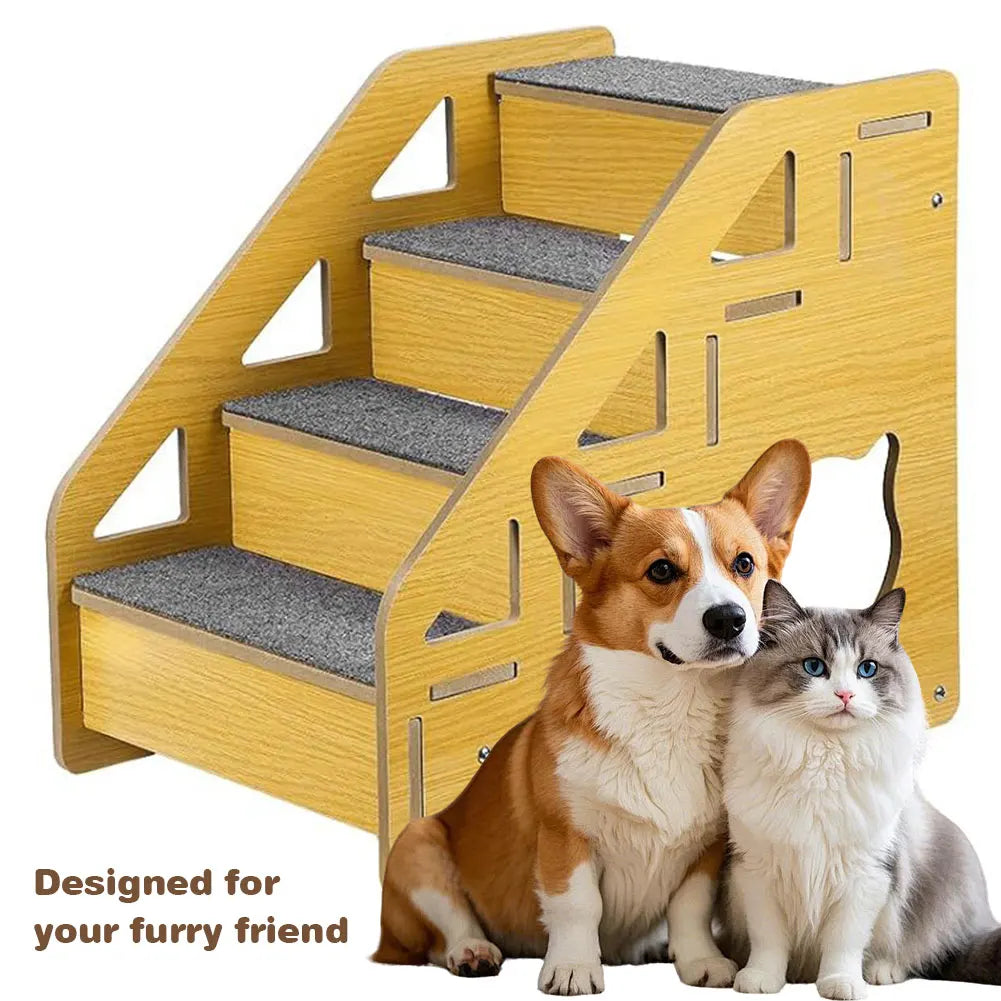 4-Step Wooden Pet Stairs Nonslip Carpeted Cat and Dog Steps Dog Stairs Ramp Sofa Ladder for Dogs and Cats for Bed