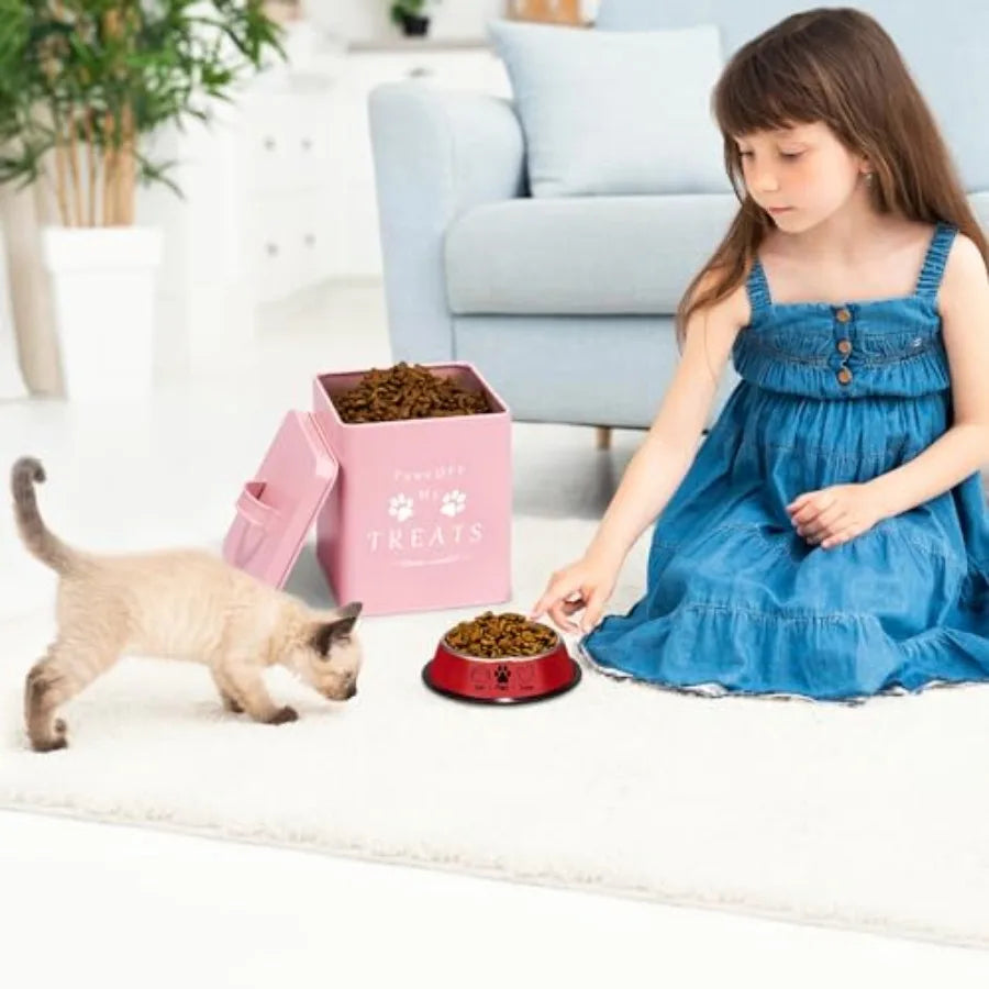 Farmhouse Cat Food and Treats Containers + Feed Scoop + Pet Food Bowl - Tight Lids - Large Metal Storage Bin - Great Gift for C