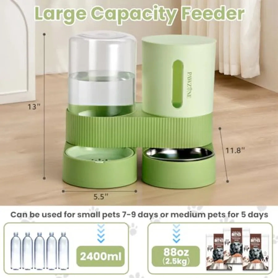 Automatic Cat Feeder Stainless Steel Water Dispenser Gravity Food Feeder and Waterer Set with Pet Food Bowl for Small Medium Ki