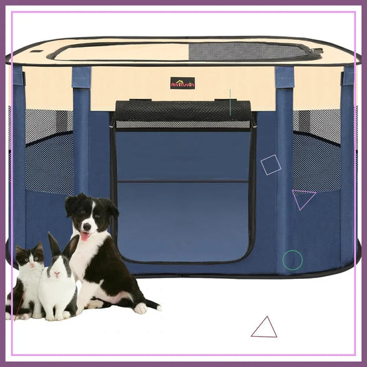 Foldable Dog Playpen Portable Pet Cage for Animals, Indoor / Outdoor Travel Camping Use with Carrying Case Blue