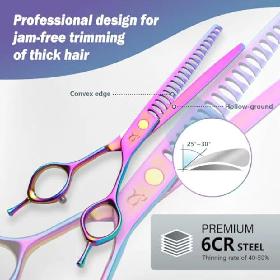 Dog Grooming Scissors Professional 4 in 1 Dog Shears Set Chunker Scissers Curved Scissors Thinning Shears and Comb for Cat Pet
