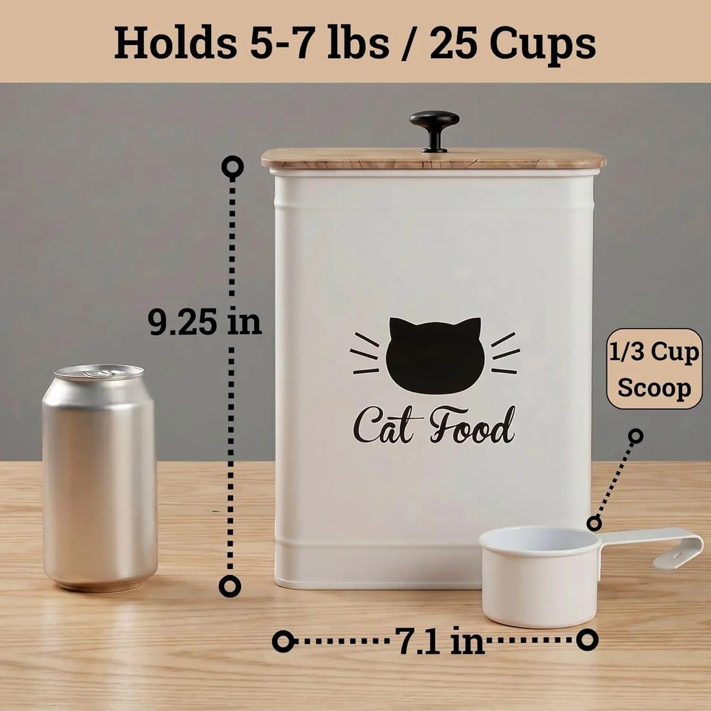 Cat Food Storage Container with Scoop - 5-7 lb (25 Cup) Capacity Metal Cat Food Container with Airtight Bamboo Lid and Metal Sco