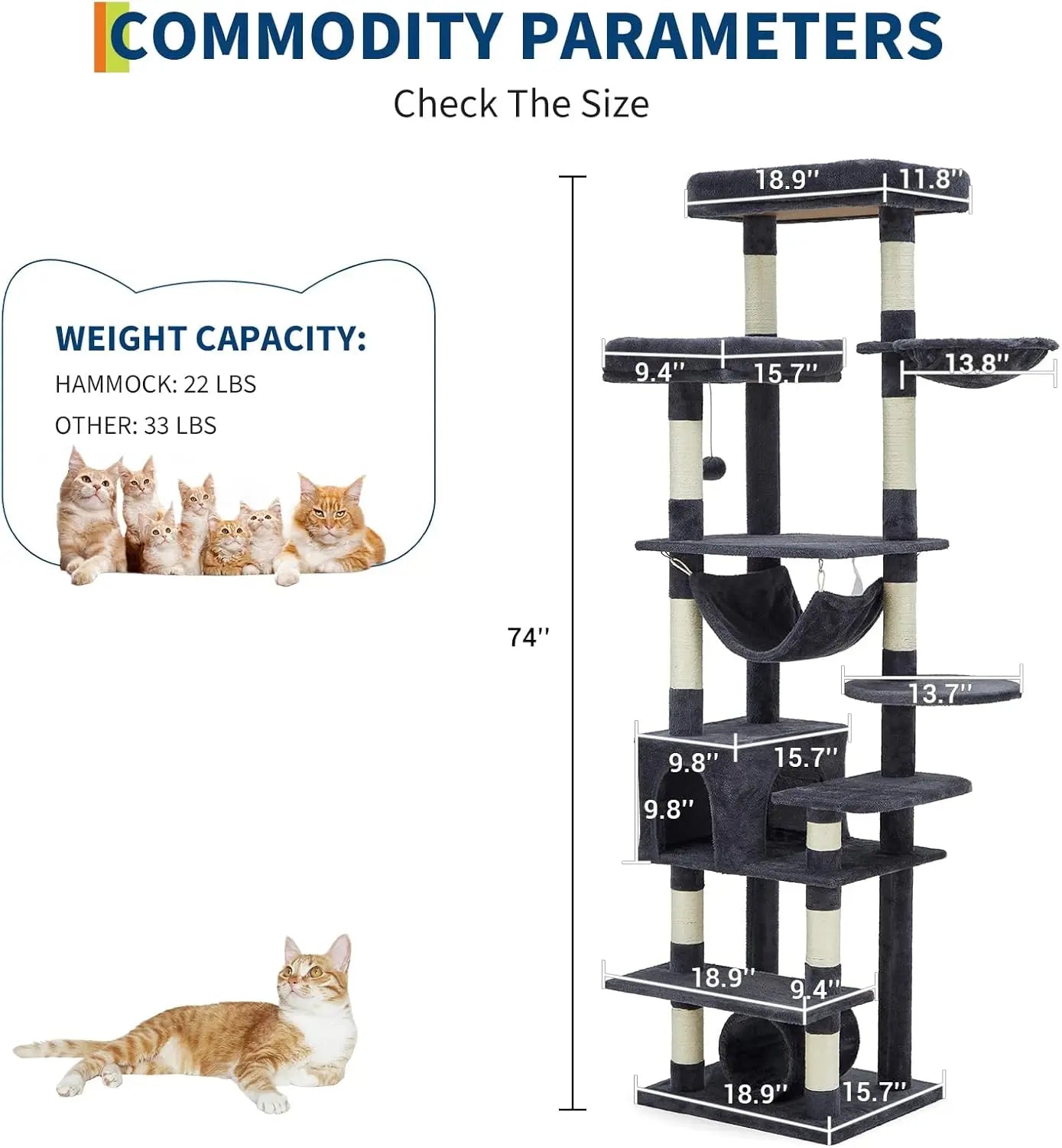 Cat Tree Tower, Cat Tree for Indoor Cats, 188 cm Large Tall Cat Tower, Multilevel Cat Climbing House with Condos, Scratching Pos