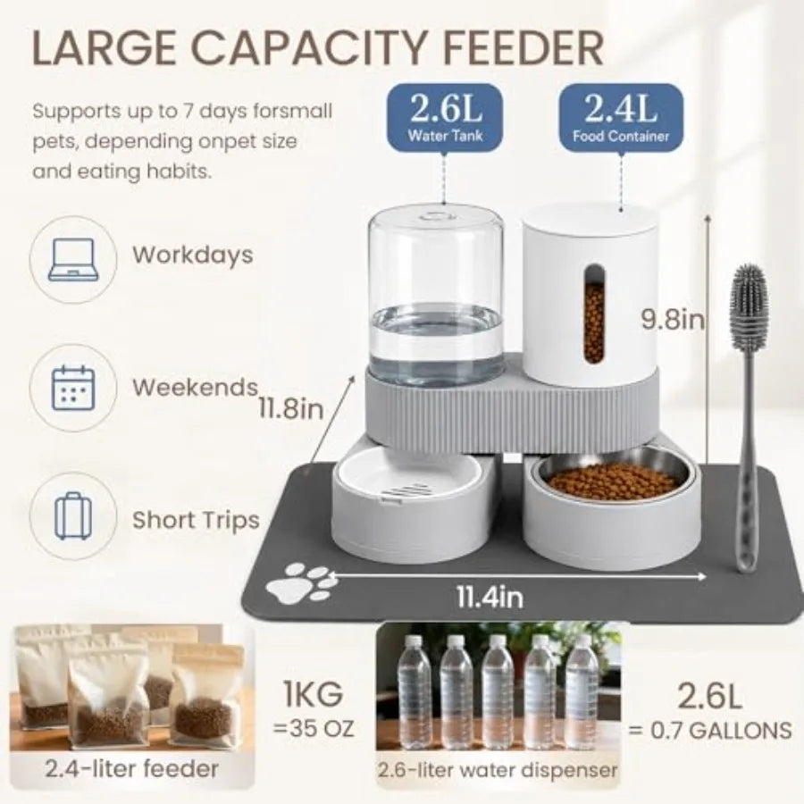 Gravity Cat Feeder 2 Pack Automatic Food Feeder and Water Dispenser Set Detachable Pet Bowl with Silicone Mat and Brush for Cat