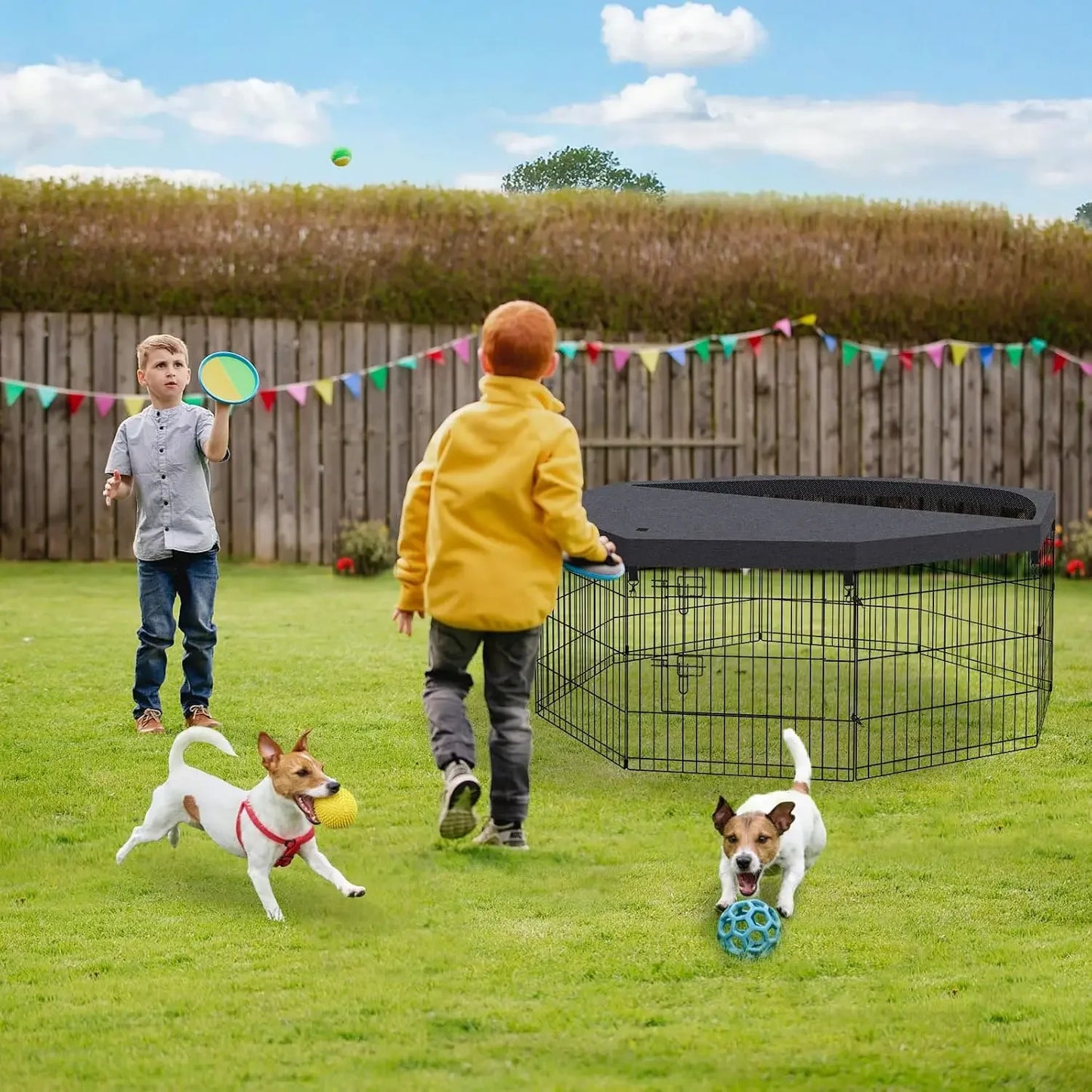 Foldable Dog Playpen 8 Panels 24" Indoor Outdoor Metal Wire Pet Enclosure with Bottom Pad & Top Cover