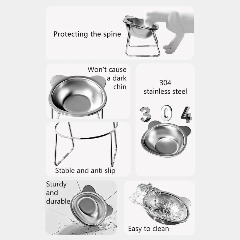 ‌304 Stainless Steel Raised Cat Bowl with 15° Elevated Design Tilted Neck Guard