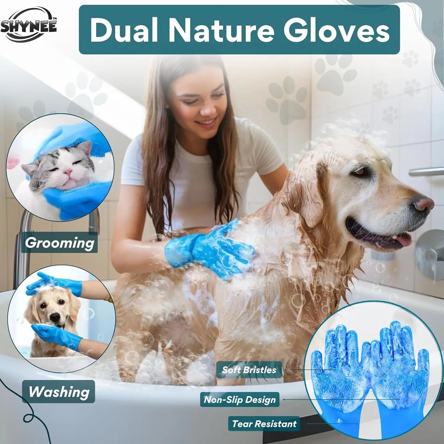 8PCs Dog Grooming Kit with Shampoo Brush, Washing Gloves, Adjustable Bath Brush, Paw Cleaner, Toothbrushes for Pet Care