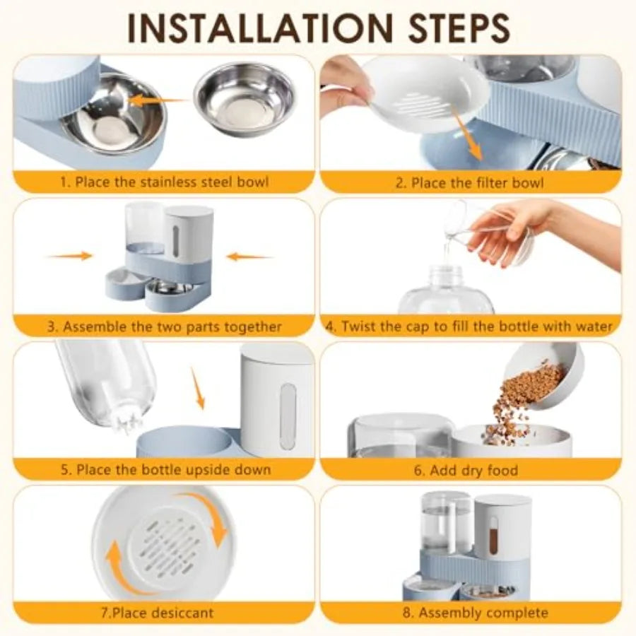 Automatic Gravity Cat Dog Feeder and Water Dispenser with 304 Stainless Steel Bowls 2 in 1 360 Degree Rotatable Auto 2.4L Dry F