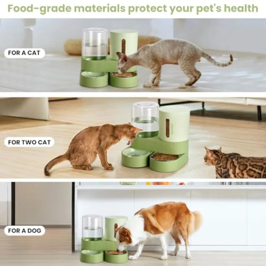 Automatic Cat Feeder Stainless Steel Water Dispenser Gravity Food Feeder and Waterer Set with Pet Food Bowl for Small Medium Ki