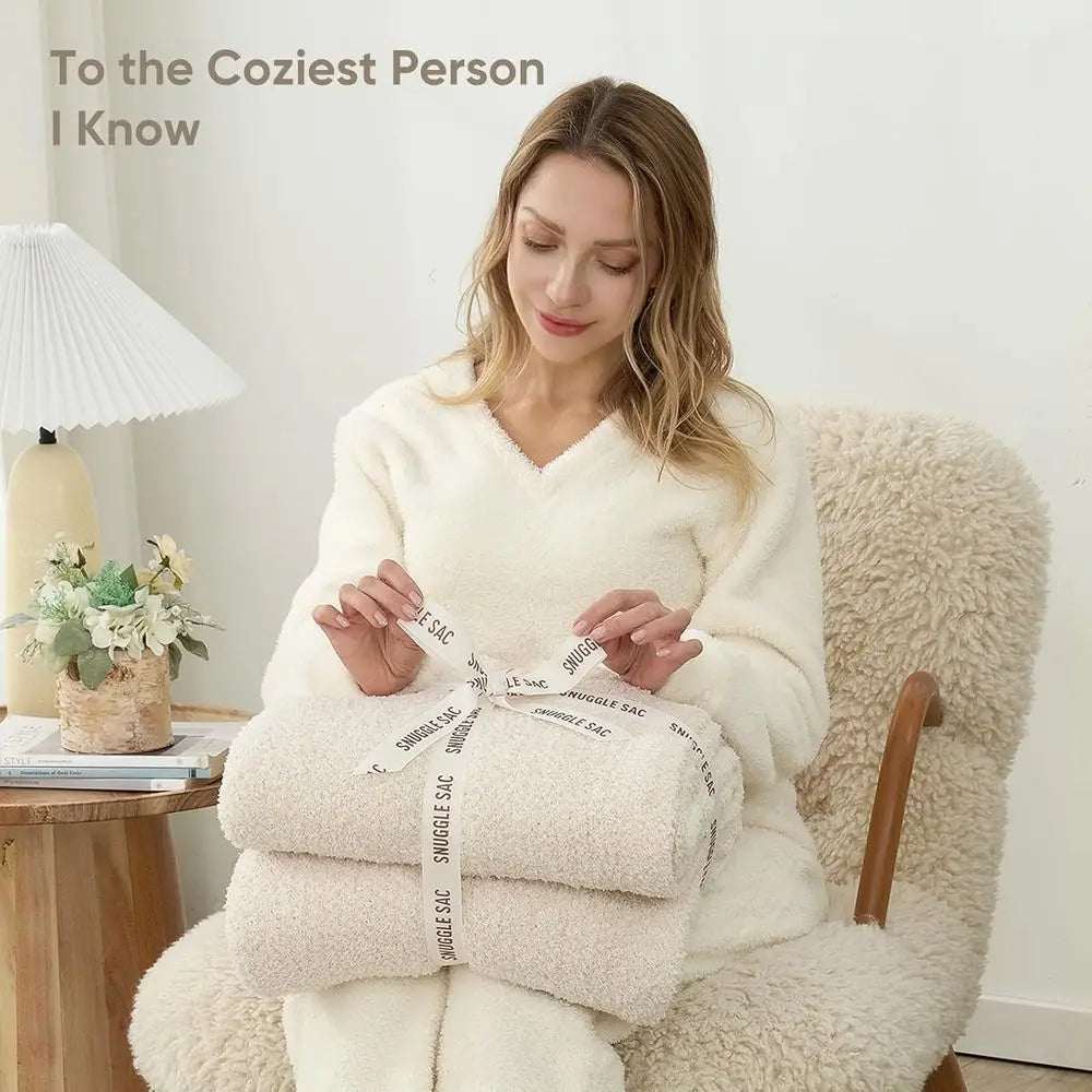 Reversible Super Soft Knitted Blankets, Warm Cozy Knit Plush Lightweight Throws, Bed, Picnic, Ivory, 50 x 60 inches