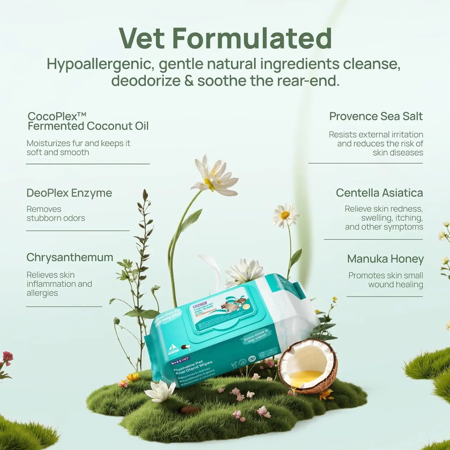 Pet Wipes for Dogs & Cats, Vet Recommended, Hypoallergenic Cleaning Wipes for Paw, Butt, Body, Soothing Allergy & Anal Gland Care, Deodorizing & Nourishing Fur Grooming
