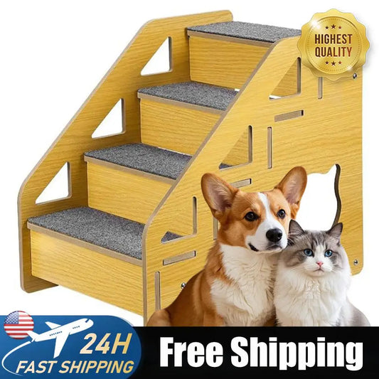 4-Step Wooden Pet Stairs Nonslip Carpeted Cat and Dog Steps Indoor Pet Steps Pet Furniture for Dogs and Cats for Bed