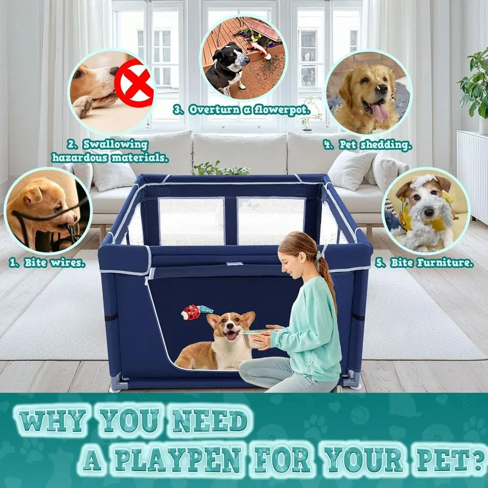 42x42 Inches Puppy Playpen with Gate, Dog Playpen for Puppies or Small Dogs, Indoor & Outdoor, Sturdy Safety Dowith Thickened Fa