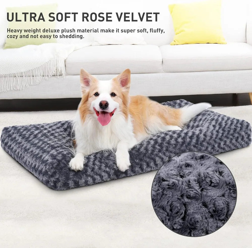 Washable Plush Dog Bed with Non-Slip Bottom, 35x23in, Dark Grey, for Medium to Large Dogs