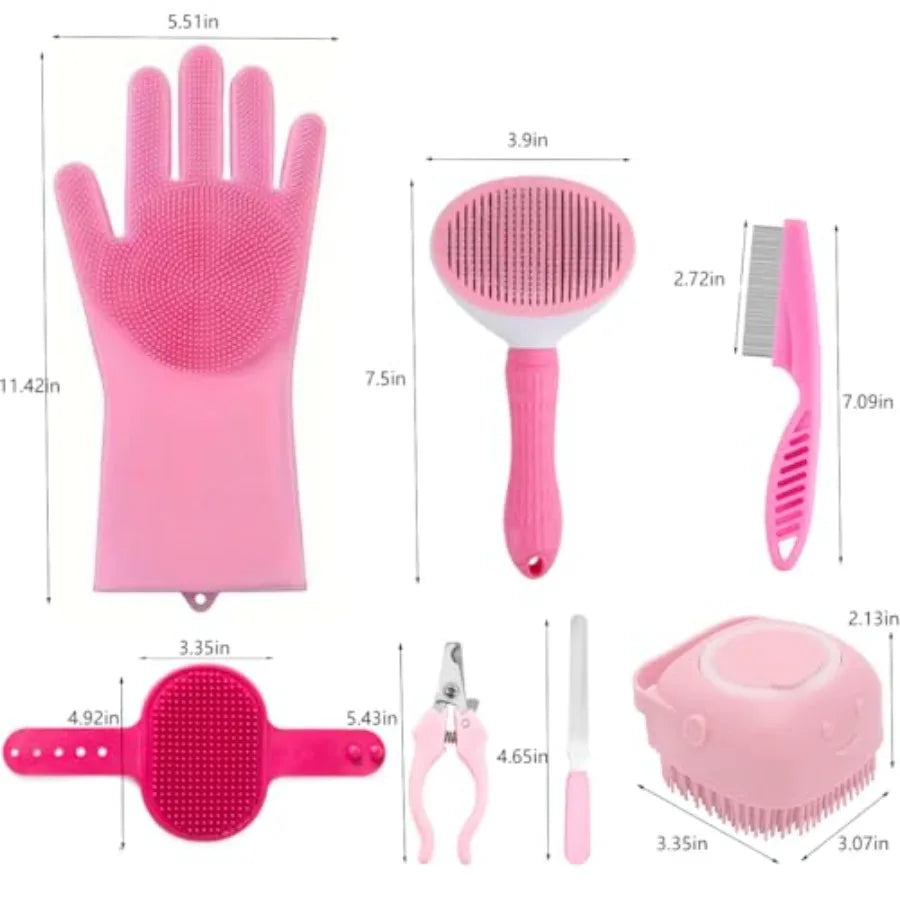 8PCS Dog Bath Supplies Set Dog Washing Gloves Shampoo Brush, Shedding Slicker Brush Complete Pet Grooming Kit for DogandCat and