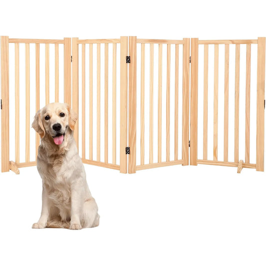 Wooden Freestanding Dog Gate 4 Panel 91cm Tall Collapsible Indoor Pet Fence Solid Pine Wood Step Over Safety Gate for Doorways
