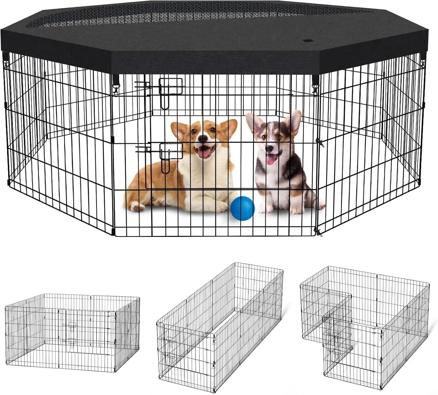Foldable Dog Playpen 8 Panels 24" Indoor Outdoor Metal Wire Pet Enclosure with Bottom Pad & Top Cover