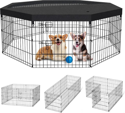 Foldable Dog Playpen 8 Panels 24" Indoor Outdoor Metal Wire Pet Enclosure with Bottom Pad & Top Cover