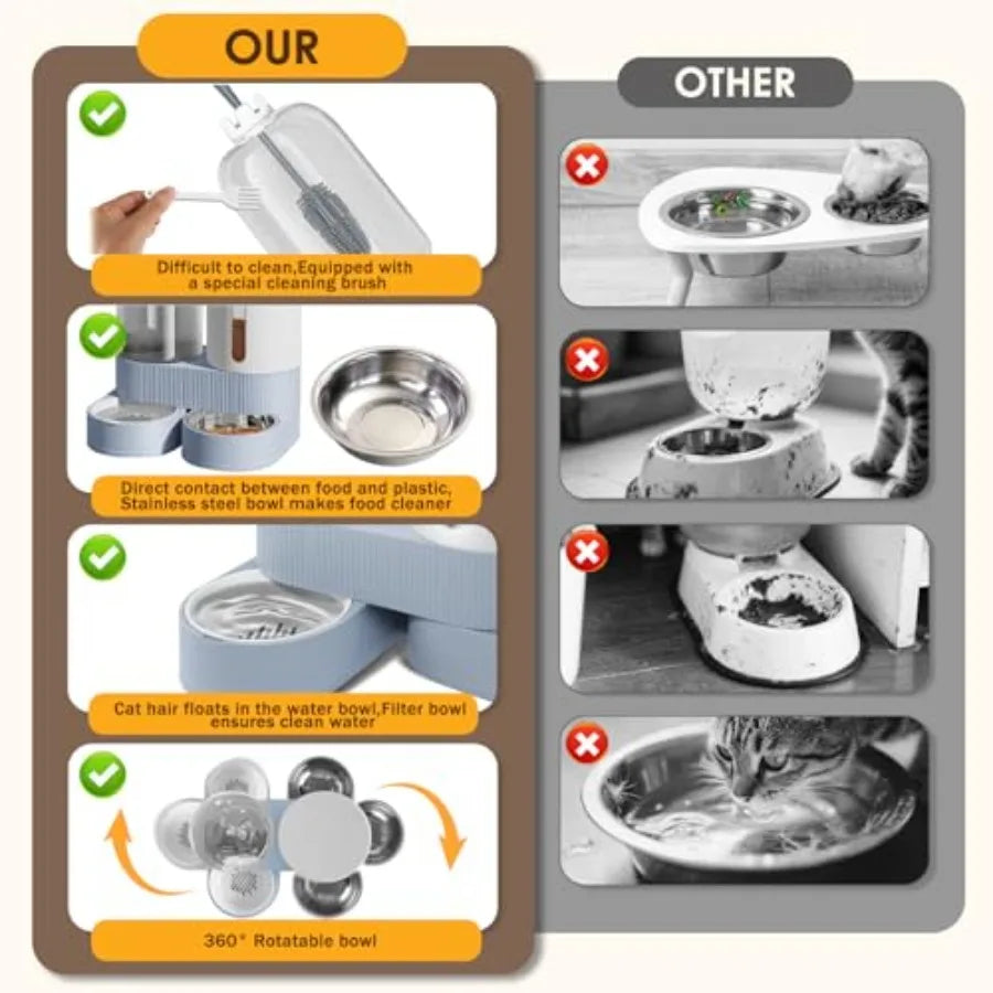 Automatic Gravity Cat Dog Feeder and Water Dispenser with 304 Stainless Steel Bowls 2 in 1 360 Degree Rotatable Auto 2.4L Dry F