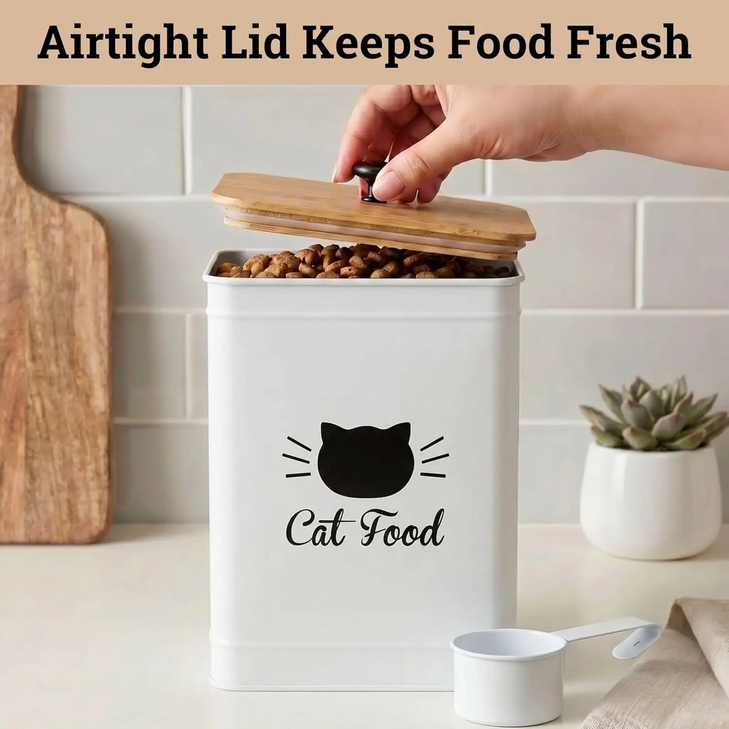 Cat Food Storage Container with Scoop - 5-7 lb (25 Cup) Capacity Metal Cat Food Container with Airtight Bamboo Lid and Metal Sco