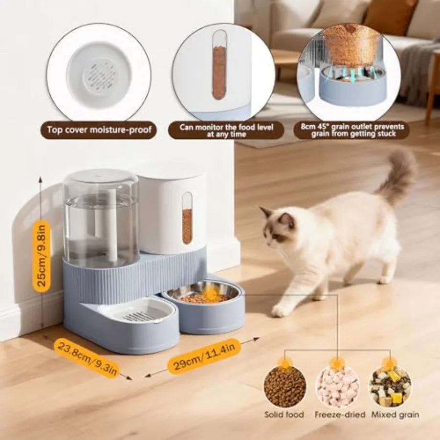 Automatic Gravity Cat Dog Feeder and Water Dispenser with 304 Stainless Steel Bowls 2 in 1 360 Degree Rotatable Auto 2.4L Dry F