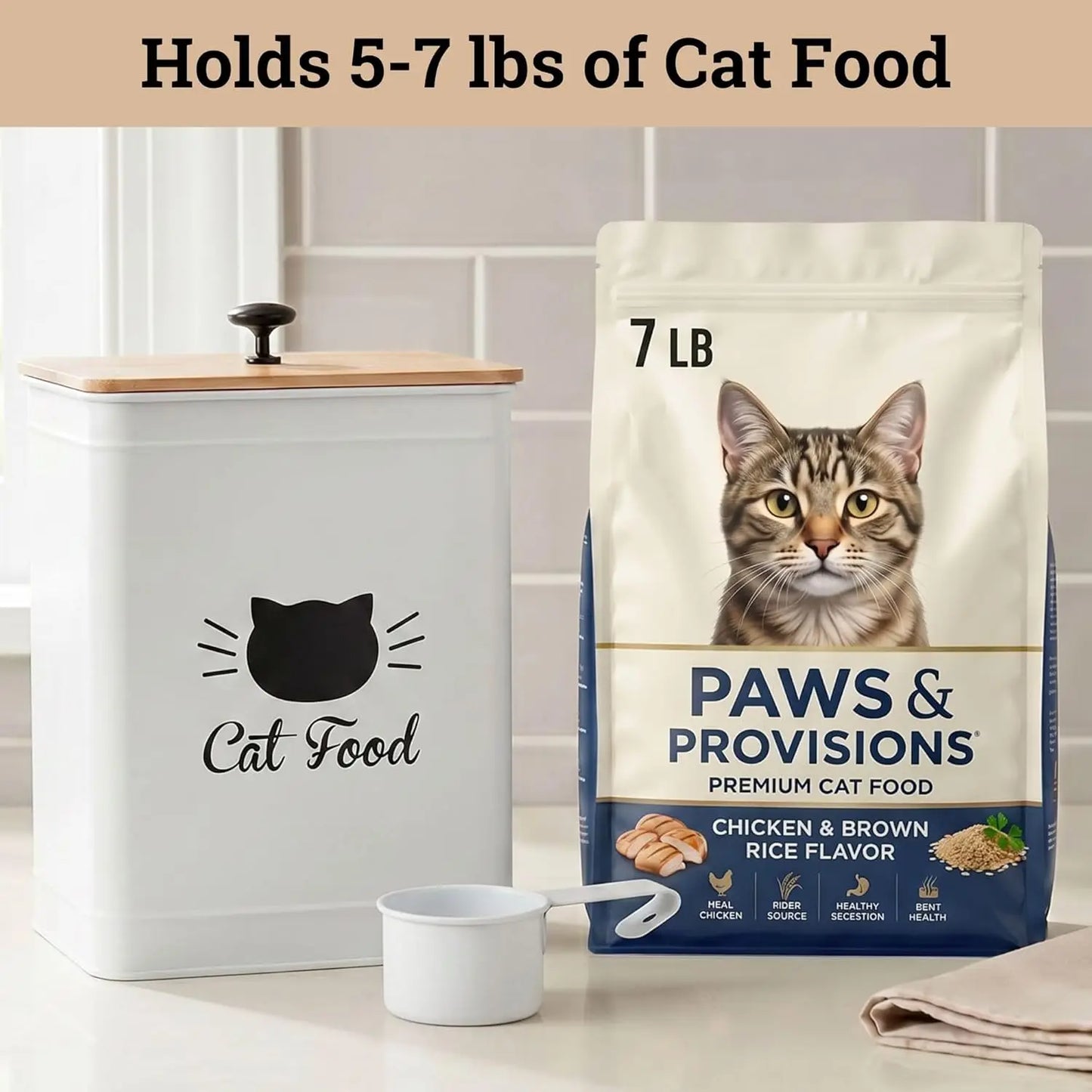 Cat Food Storage Container with Scoop - 5-7 lb (25 Cup) Capacity Metal Cat Food Container with Airtight Bamboo Lid and Metal Sco