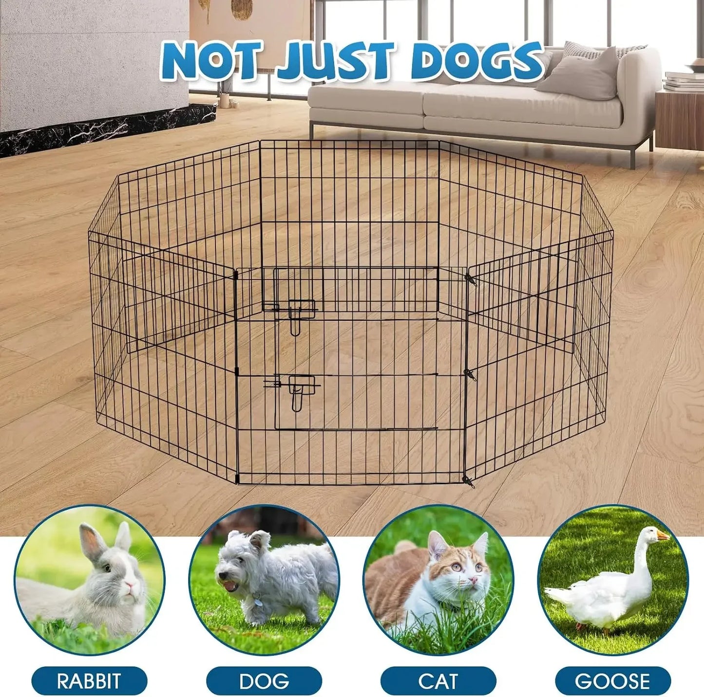 Foldable Dog Playpen 8 Panels 24" Indoor Outdoor Metal Wire Pet Enclosure with Bottom Pad & Top Cover