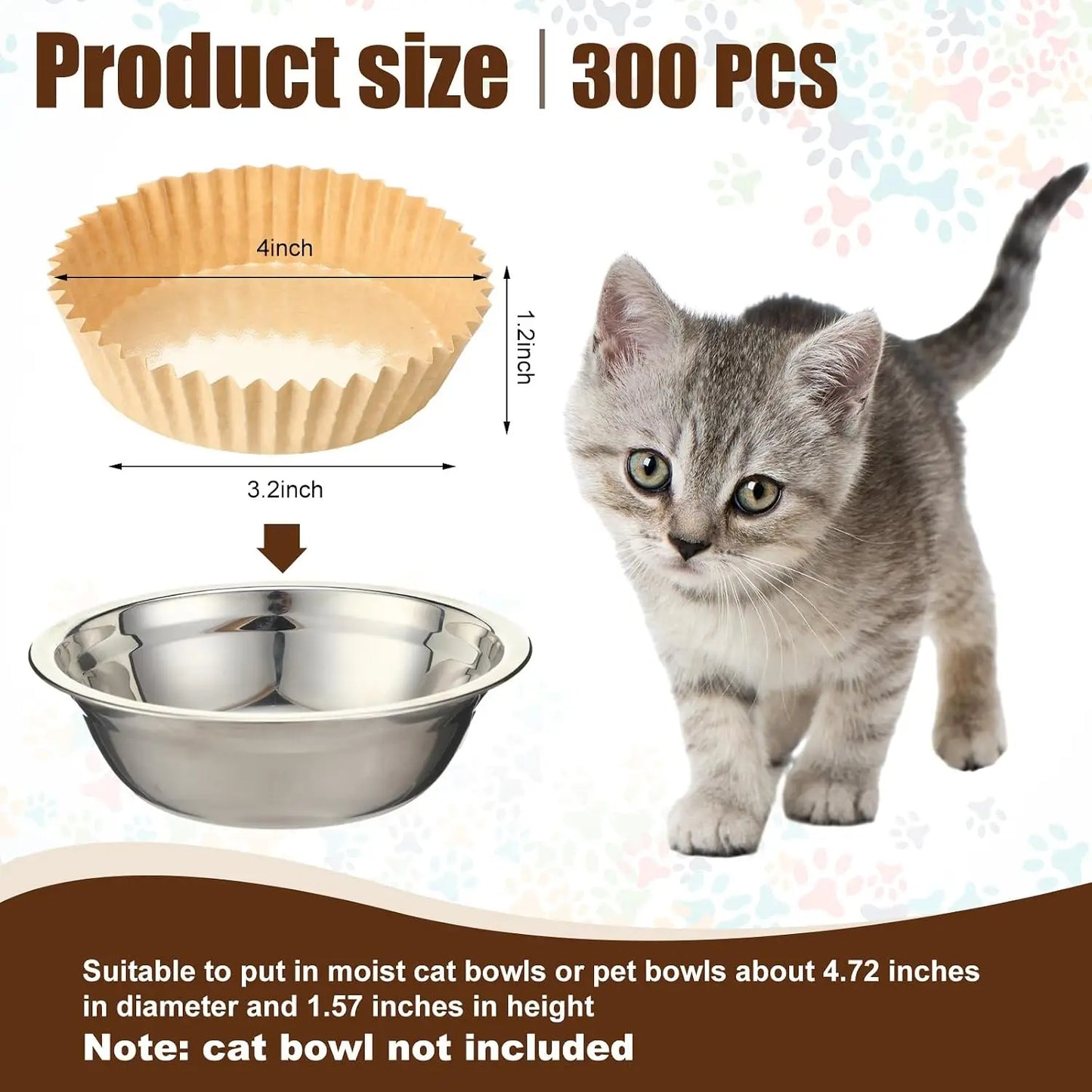 300 Pcs Pet Disposable Feeding Bowls Liner Bulk Cat Food Bowls Small Paper Liner for Small Dogs Cats Dish Wet Food Feeding Stati