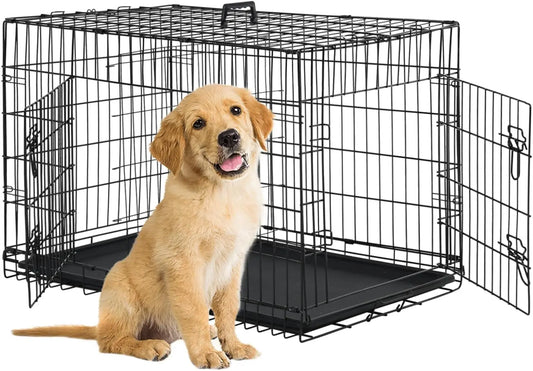 BestPet | Dog Crate | 24" | Black | Foldable Metal Kennel with Double Doors, Secure Slide-Bolt Latches, Leakproof Tray |