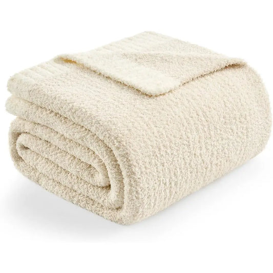 Reversible Super Soft Knitted Blankets, Warm Cozy Knit Plush Lightweight Throws, Bed, Picnic, Ivory, 50 x 60 inches