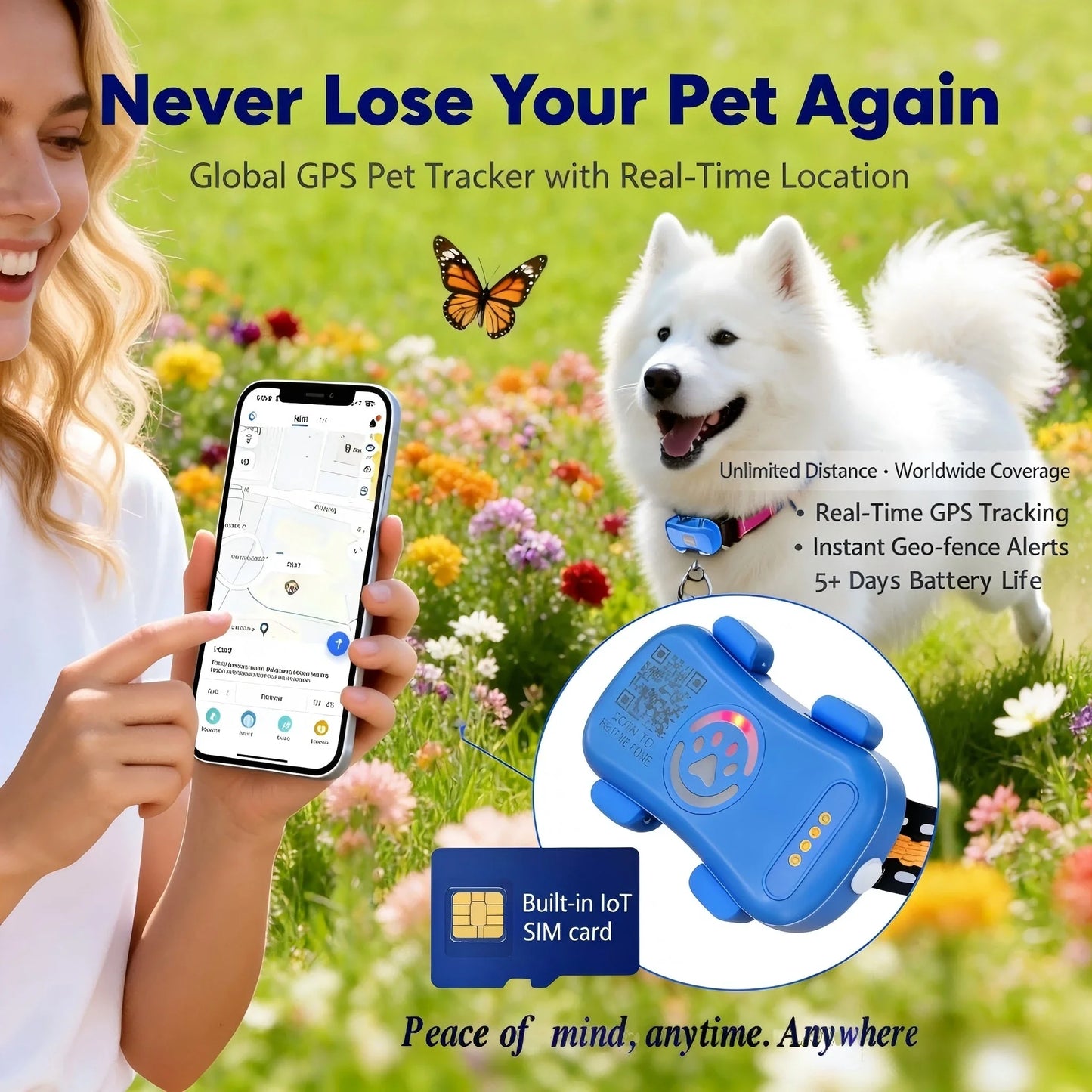 GPS Pet Tracker for Dogs Cats Built-in IoT Sim WiFi Tracking Unlimited Distance QR Code Anti-Lost Locator, Subscription Required