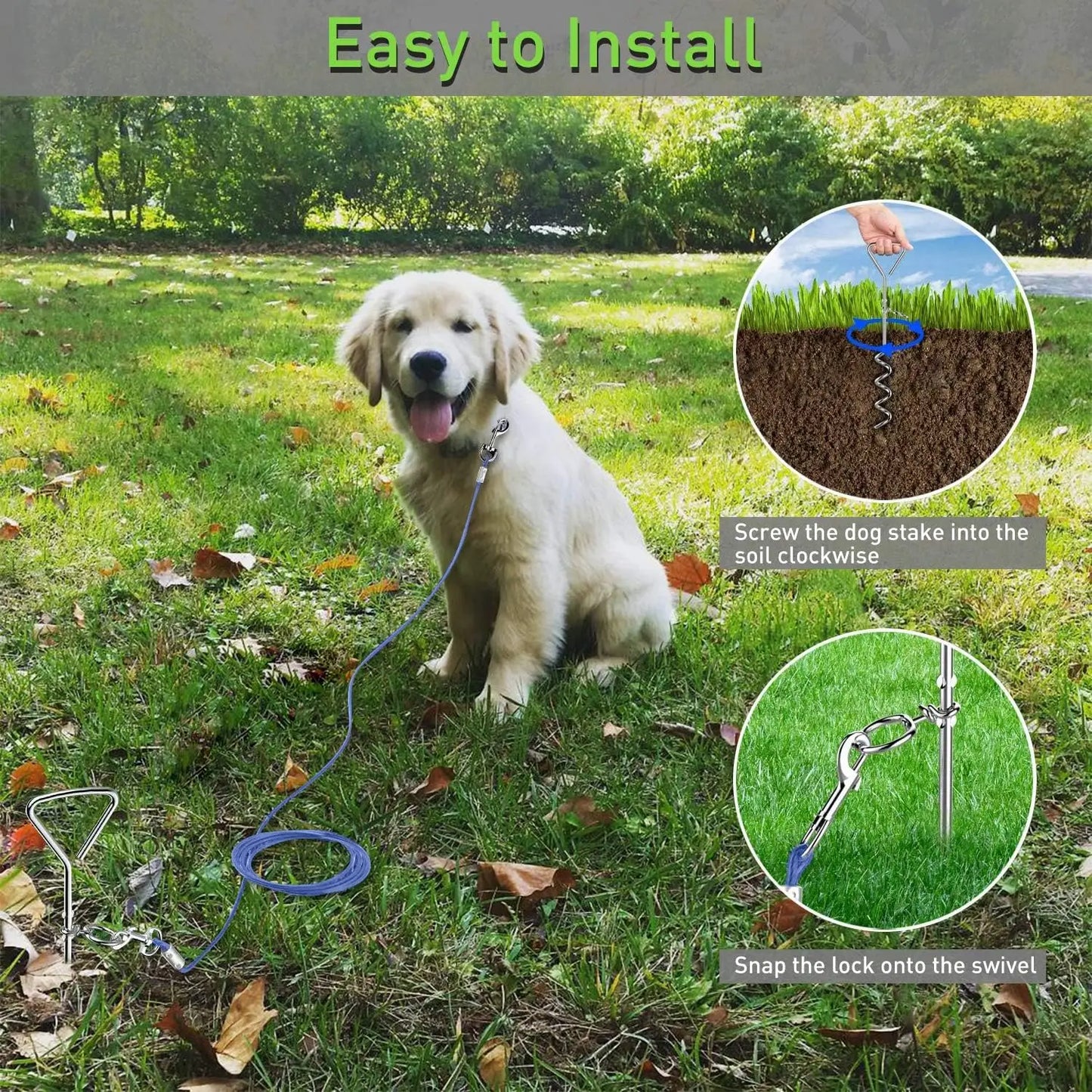 30ft Heavy Duty Dog Tie Out Cable with Anti-Rust Stake for Medium-Large Dogs Up to 125 lbs