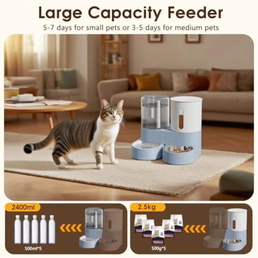 Automatic Gravity Cat Dog Feeder and Water Dispenser with 304 Stainless Steel Bowls 2 in 1 360 Degree Rotatable Auto 2.4L Dry F
