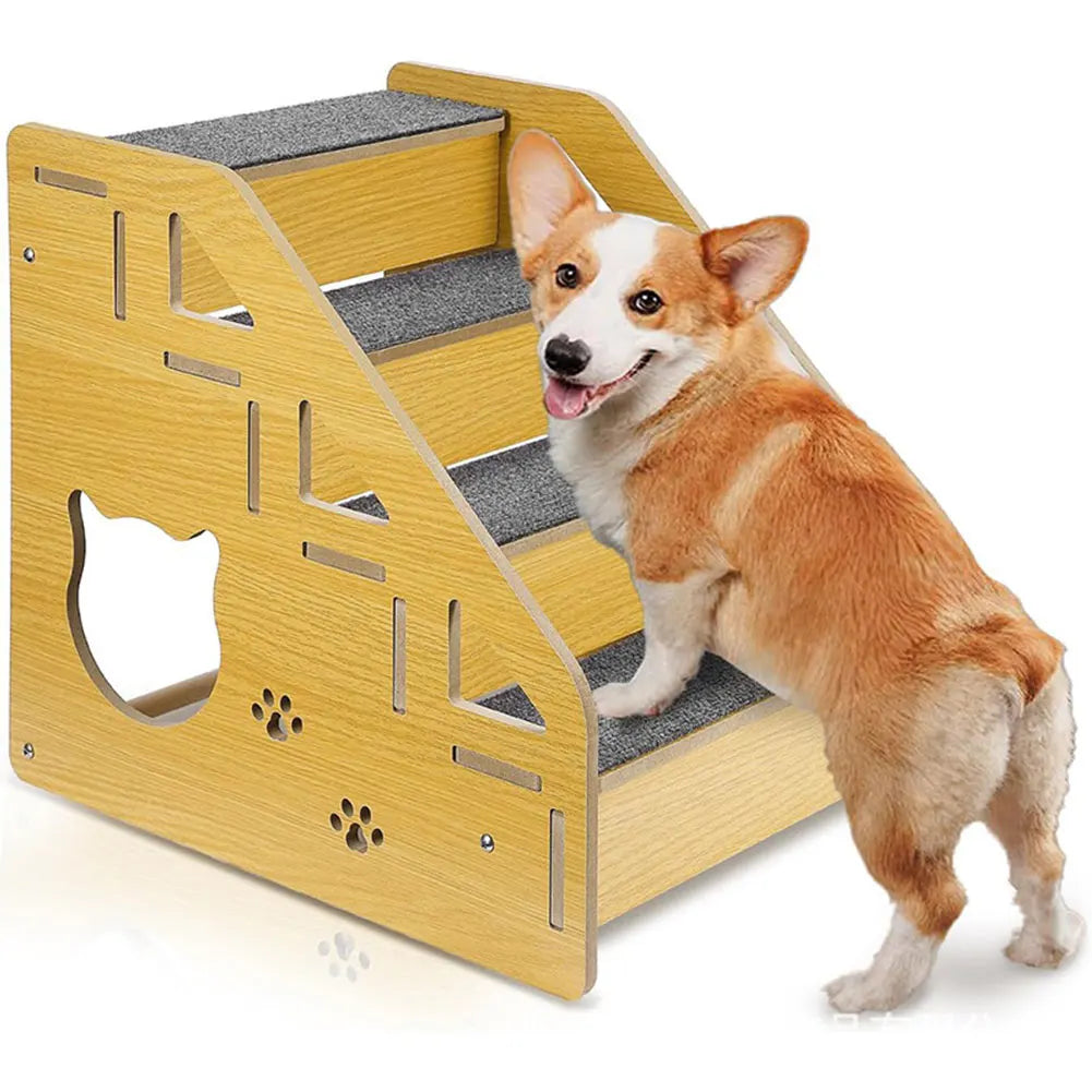 4-Step Wooden Pet Stairs Nonslip Carpeted Cat and Dog Steps Dog Stairs Ramp Sofa Ladder for Dogs and Cats for Bed