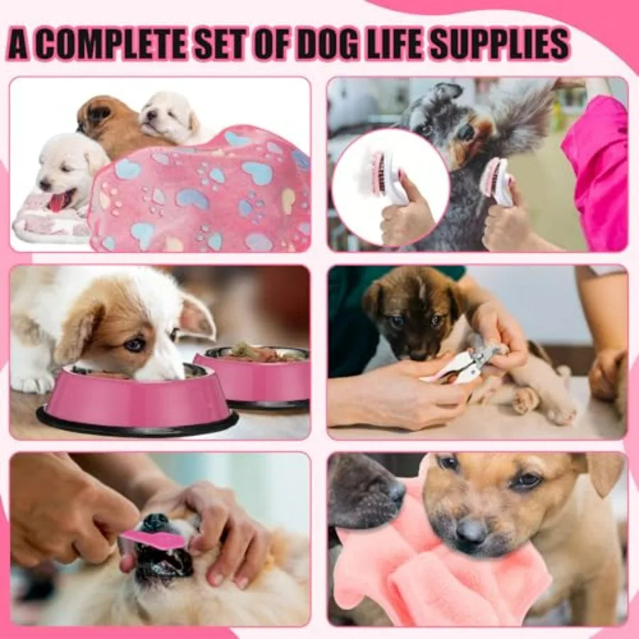 50 Pcs Puppy Supplies Starter Kit for Small Dogs Puppy Essentials Includes Leash, Bowls, Teeth Brushes, Water Bottle, and More