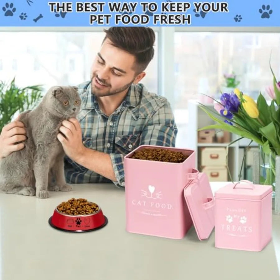 Farmhouse Cat Food and Treats Containers + Feed Scoop + Pet Food Bowl - Tight Lids - Large Metal Storage Bin - Great Gift for C