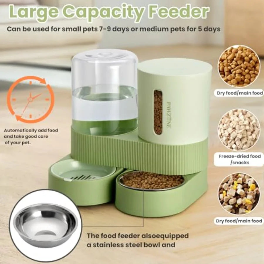 Automatic Cat Feeder Stainless Steel Water Dispenser Gravity Food Feeder and Waterer Set with Pet Food Bowl for Small Medium Ki