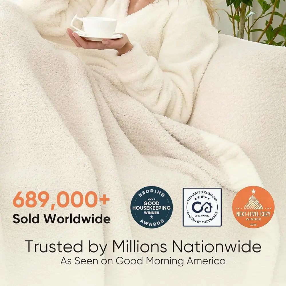 Reversible Super Soft Knitted Blankets, Warm Cozy Knit Plush Lightweight Throws, Bed, Picnic, Ivory, 50 x 60 inches