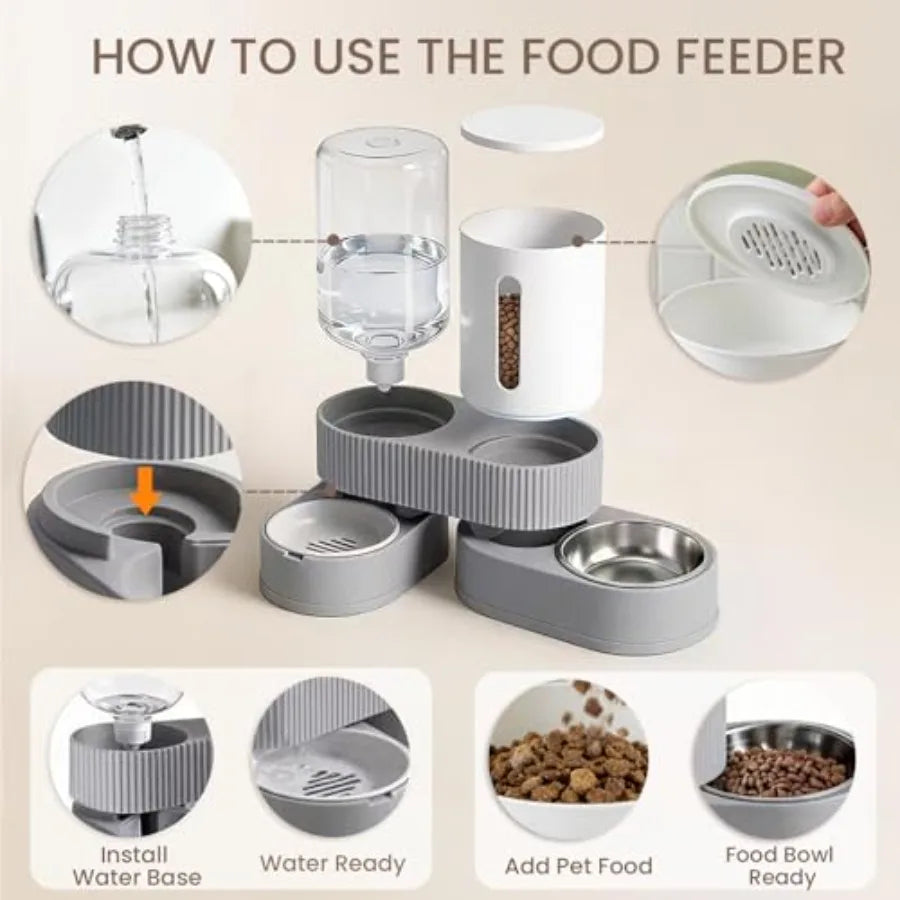 Gravity Cat Feeder 2 Pack Automatic Food Feeder and Water Dispenser Set Detachable Pet Bowl with Silicone Mat and Brush for Cat