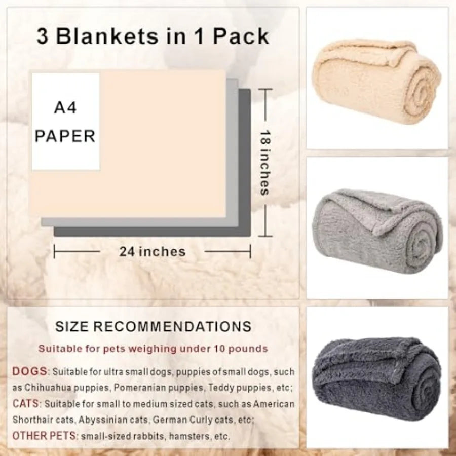 3 Blankets, Dog Cat Pet Blanket, Soft Warm Fleece, for Puppy, Small Dogs or Kitten, Cats, Plush Fuzzy Blanket for Bed, Sofa, Tr