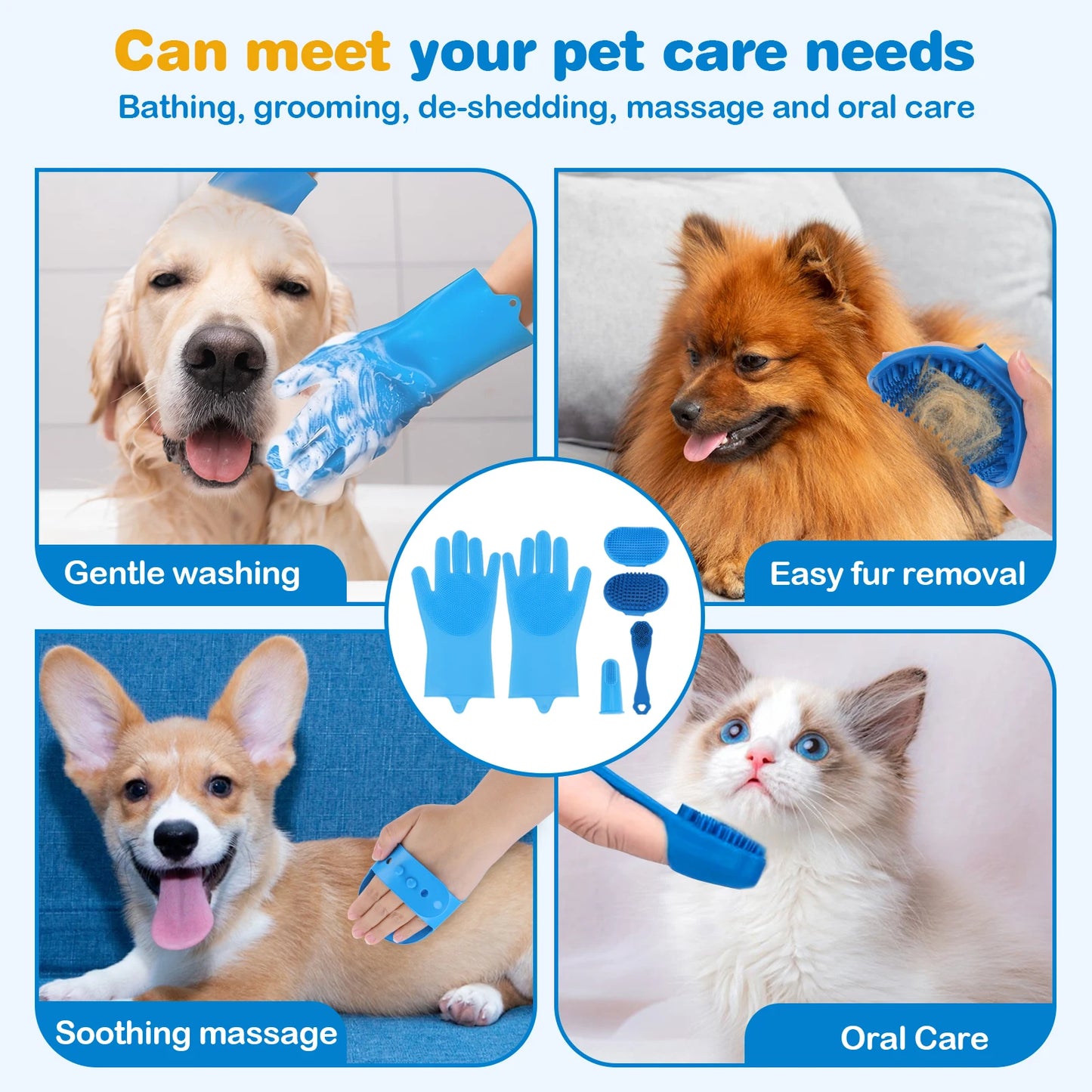 6PCS Pet Grooming Kit Silicone Dog Toothbrush Finger Dog Bath Gloves Dog Shampoo Brush Pet Grooming Gloves Dog Cat Bath Supplies