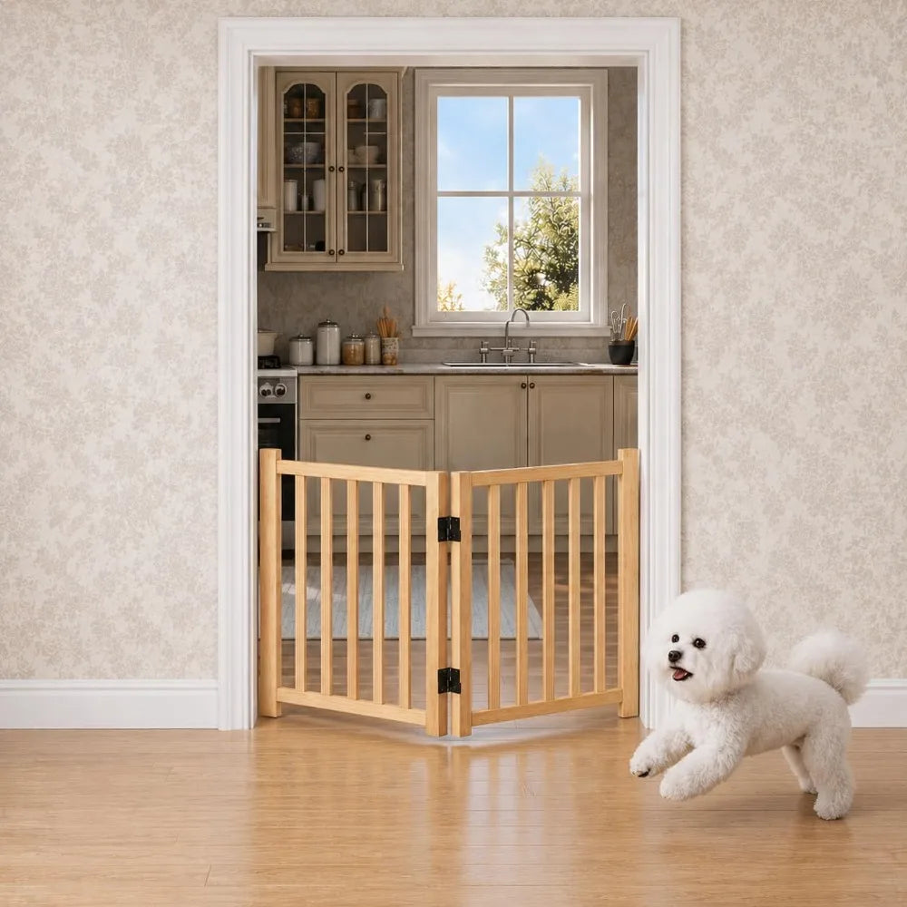 Non-Painted Wooden Freestanding Pet Gate for Dogs, 2-Panel, 23" H, Natural Pine, No Assembly Needed