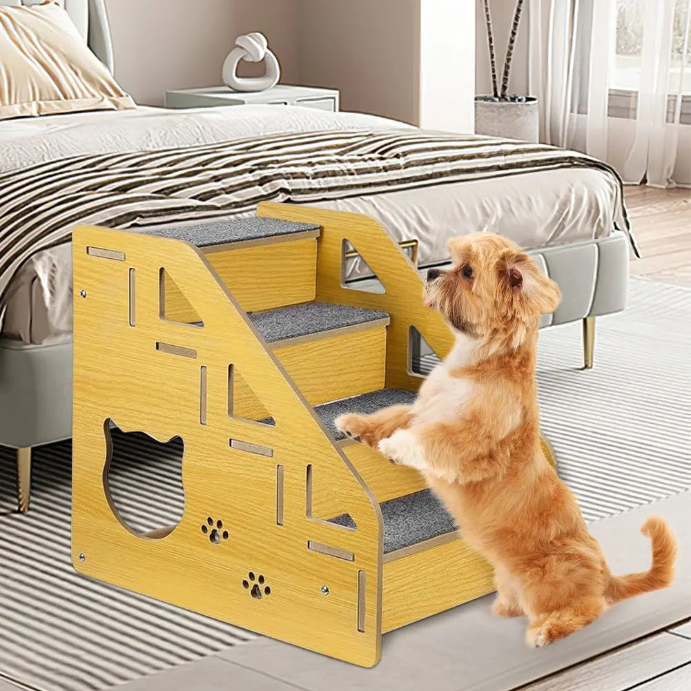 4-Step Wooden Pet Stairs Nonslip Carpeted Cat and Dog Steps Sofa Ladder Pet Furniture for Dogs and Cats for Bed
