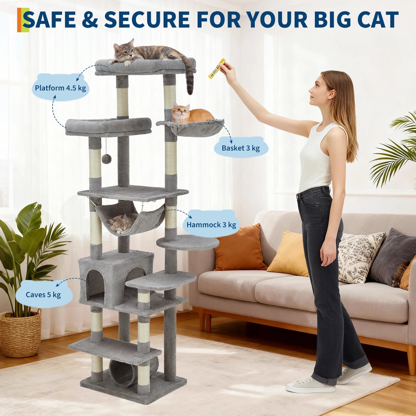 Multi-Level Cat Tree Tower Heavy Duty Condo with Scratching Posts, Hammock, Perch, Toy Balls, Indoor Cat Furniture for Big Cats