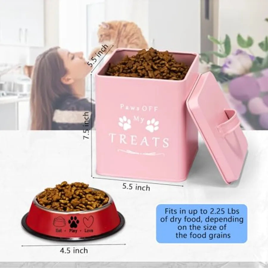 Farmhouse Cat Food and Treats Containers + Feed Scoop + Pet Food Bowl - Tight Lids - Large Metal Storage Bin - Great Gift for C