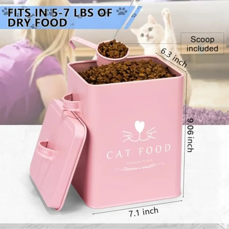 Farmhouse Cat Food and Treats Containers + Feed Scoop + Pet Food Bowl - Tight Lids - Large Metal Storage Bin - Great Gift for C