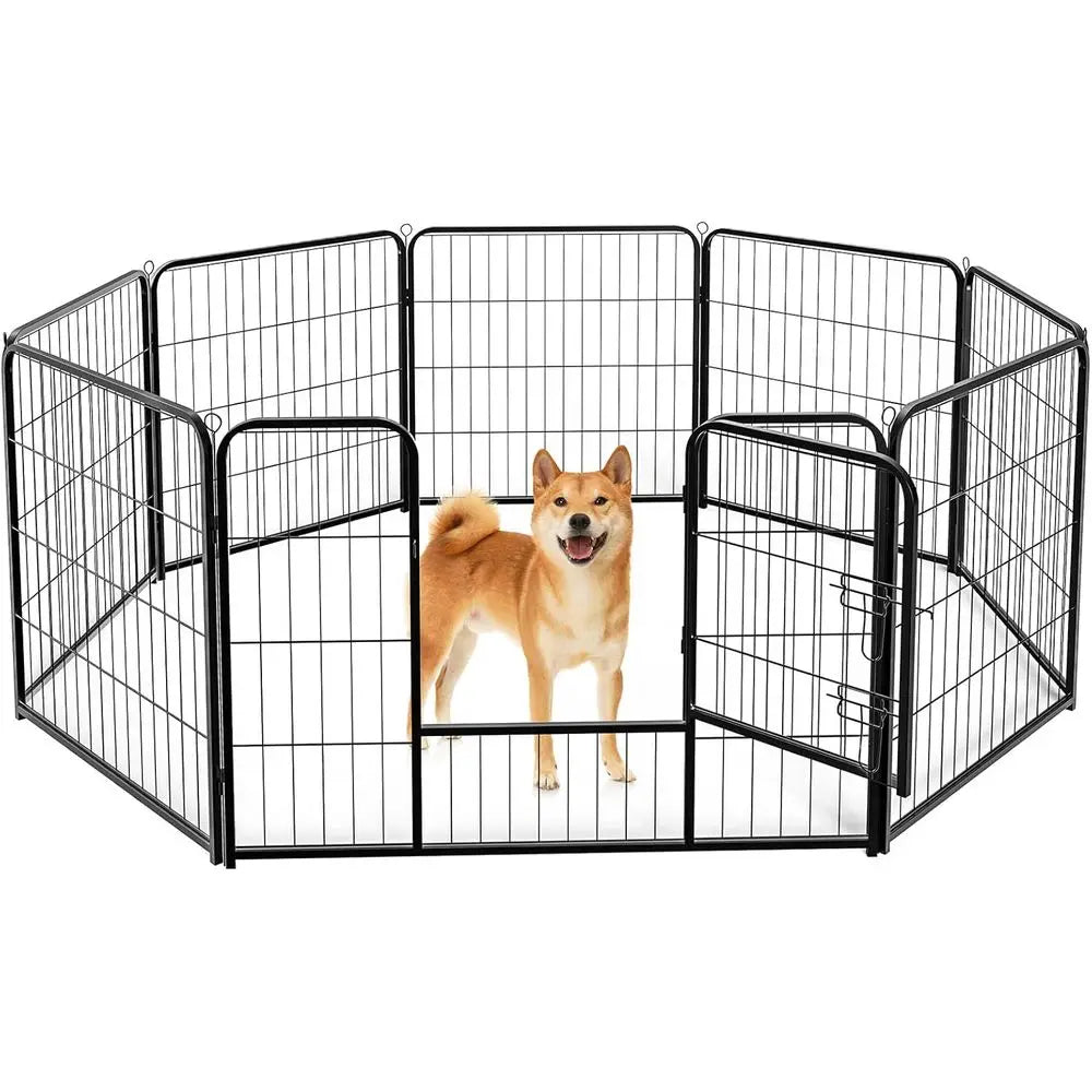 Indoor Metal 32 Inch 8 Panels Foldable Pet Fence with Door, Outdoor Small Medium Large Dog Portable Exercise Play Pen or RV Camp