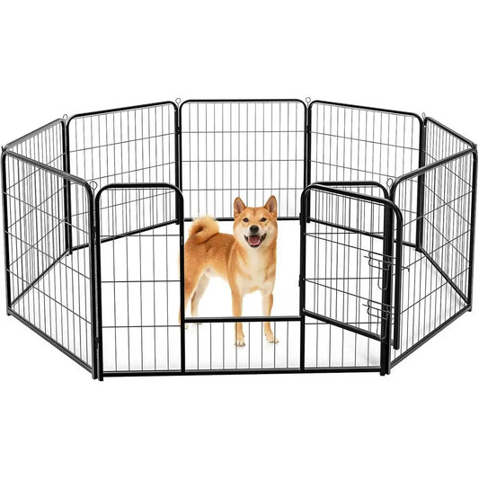 Indoor Metal 32 Inch 8 Panels Foldable Pet Fence with Door, Outdoor Small Medium Large Dog Portable Exercise Play Pen or RV Camp