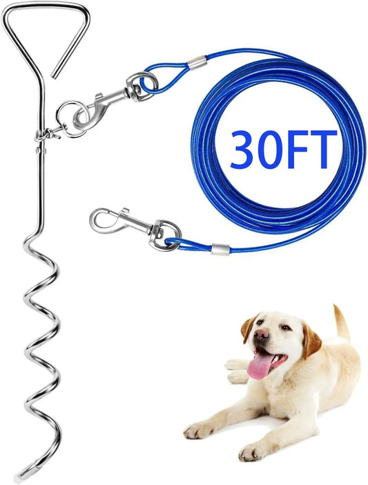30ft Heavy Duty Dog Tie Out Cable with Anti-Rust Stake for Medium-Large Dogs Up to 125 lbs