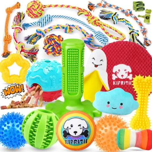 25 Pack Various Dog Toys Set Ideal for Teething, Entertainment and Interactive Play